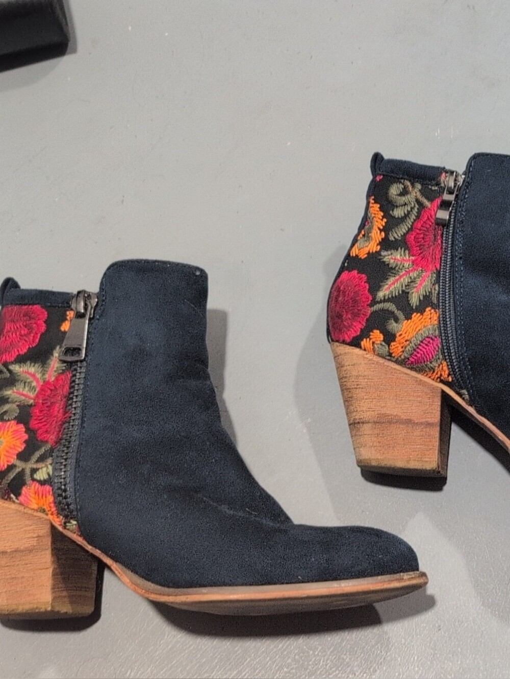 Vintage Havana Black Suede Ankle Booties with Colorful Floral Embroidery